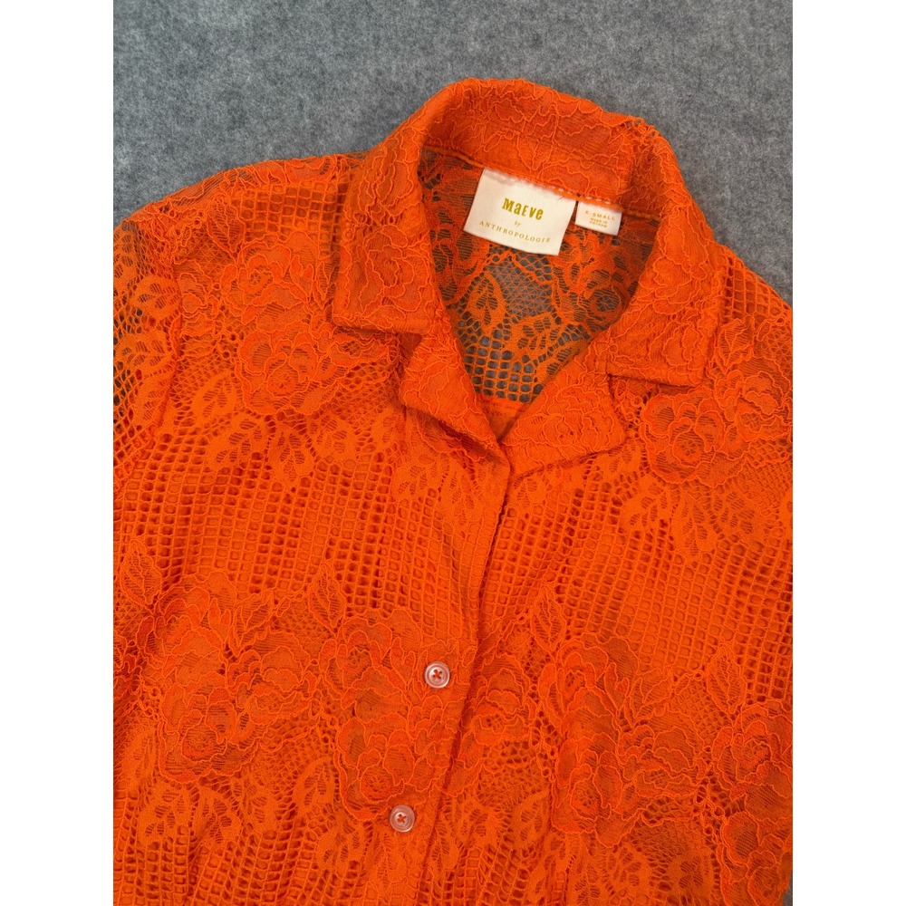 Maeve Anthropologie Orange Floral Lace Button Down Short Sleeve Blouse XS